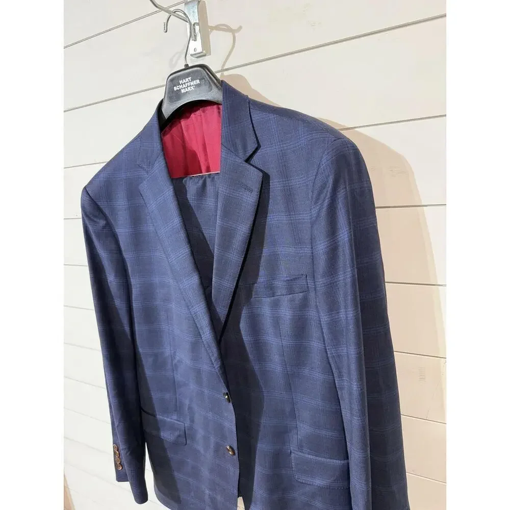 Hart Schaffner Marx Worsted Wool Spandex Blend Men's Blue Suit 42R